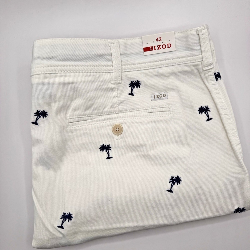 New $64 IZOD Men's 42‎ Breeze Shorts Mazarine Blue White Palm Trees Flat Front